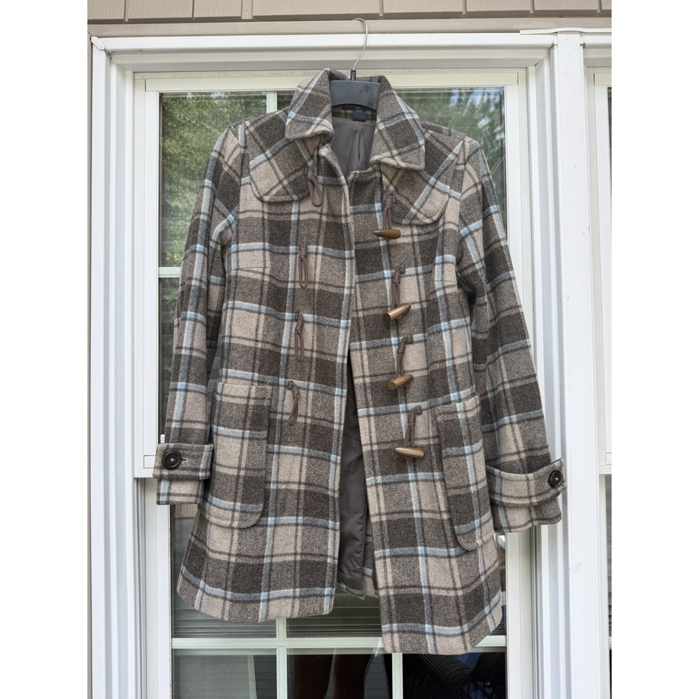 GAP Y2K Women's Wool Blend Plaid Duffle Toggle Coat Peacoat XS Statement Jacket